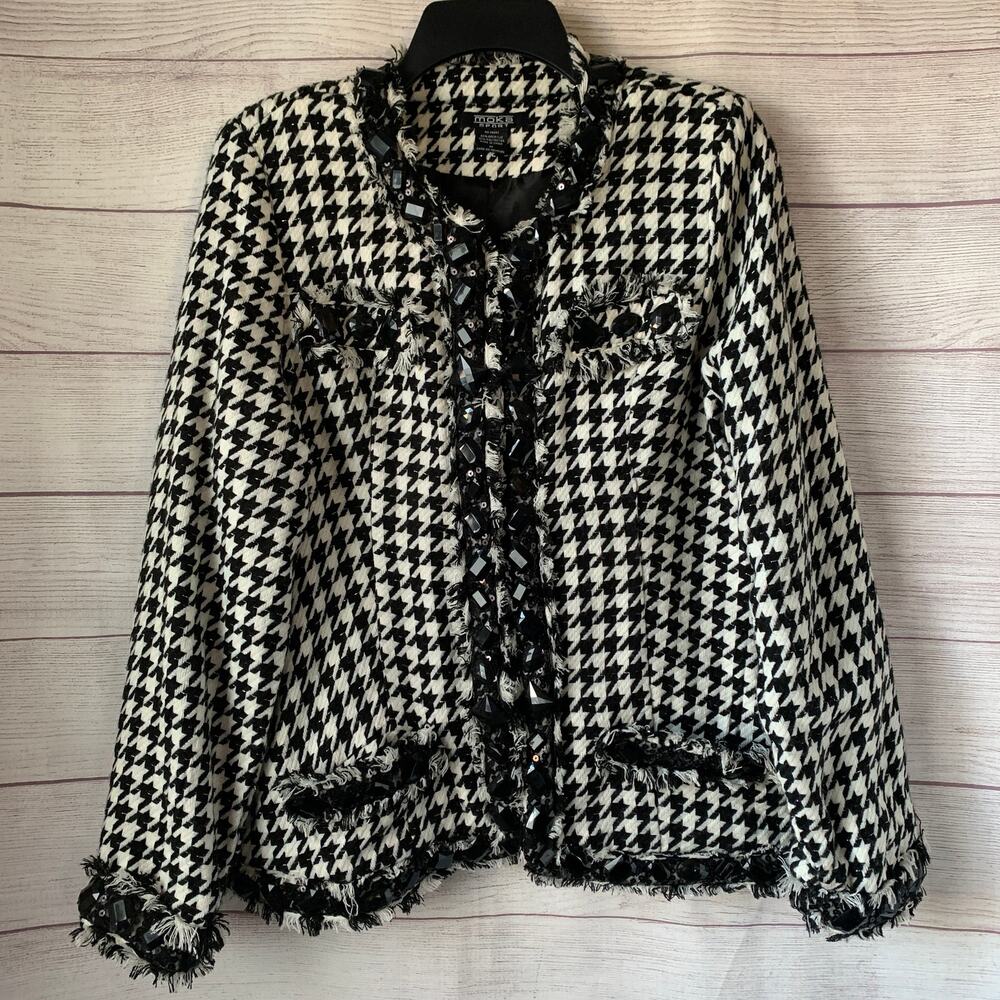 Moka Sport Black and White Houndstooth Blazer Jacket Rhinestone Fringe Size M
